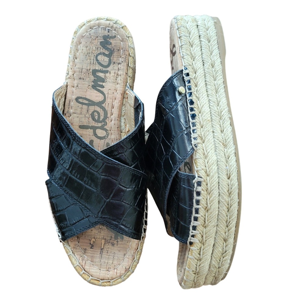 Sam Edelman NATTY‎ Black Croc Embossed Leather Espadrille Platform Slides 7.5M